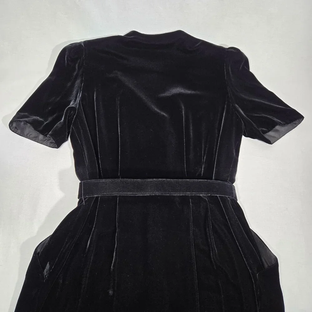 VINTAGE Academia Y2K Sirencore BLACK VELVET Pocket Belt Midi Dress Women Size 10 - Picture 10 of 16